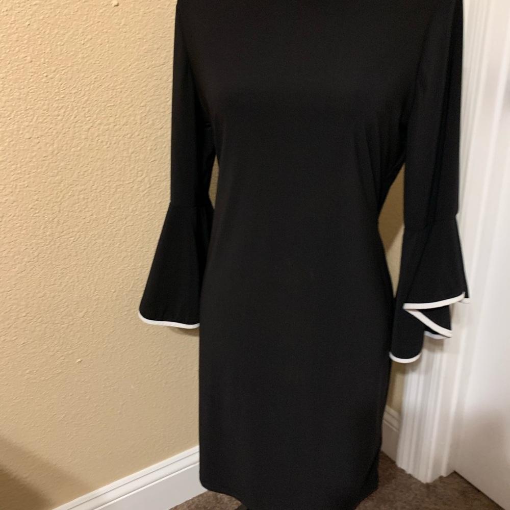 Black with White Piping Bell Sleeve Dress